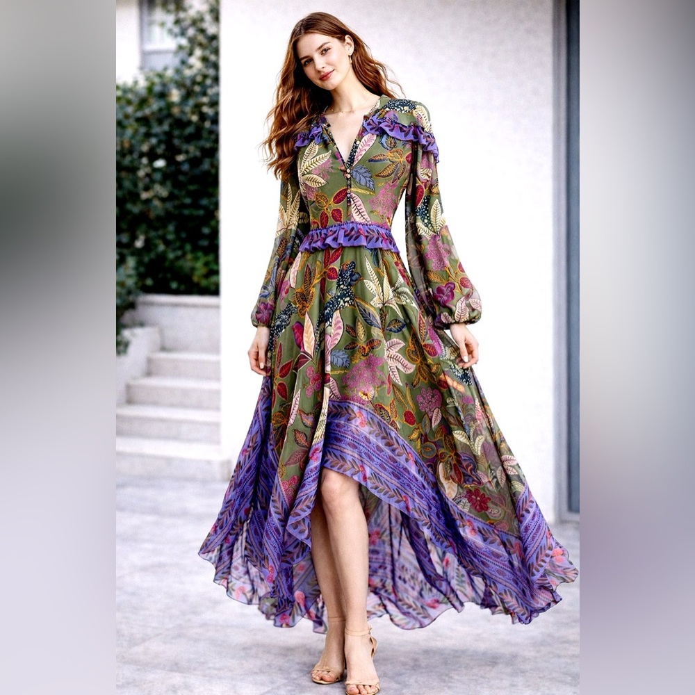 Farm Rio Wild Jungle Green Womens Print Handkerchief Hem Ruffle Midi Dress